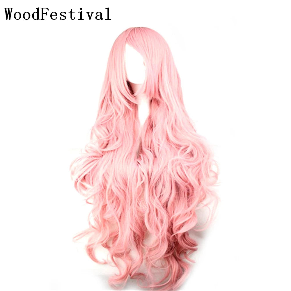 Synthetic Hair Wigs Cheap 100CM Long Pink Wig With Bangs Wavy Cosplay Wigs For Women Party Halloween Female Yellow Purple Black