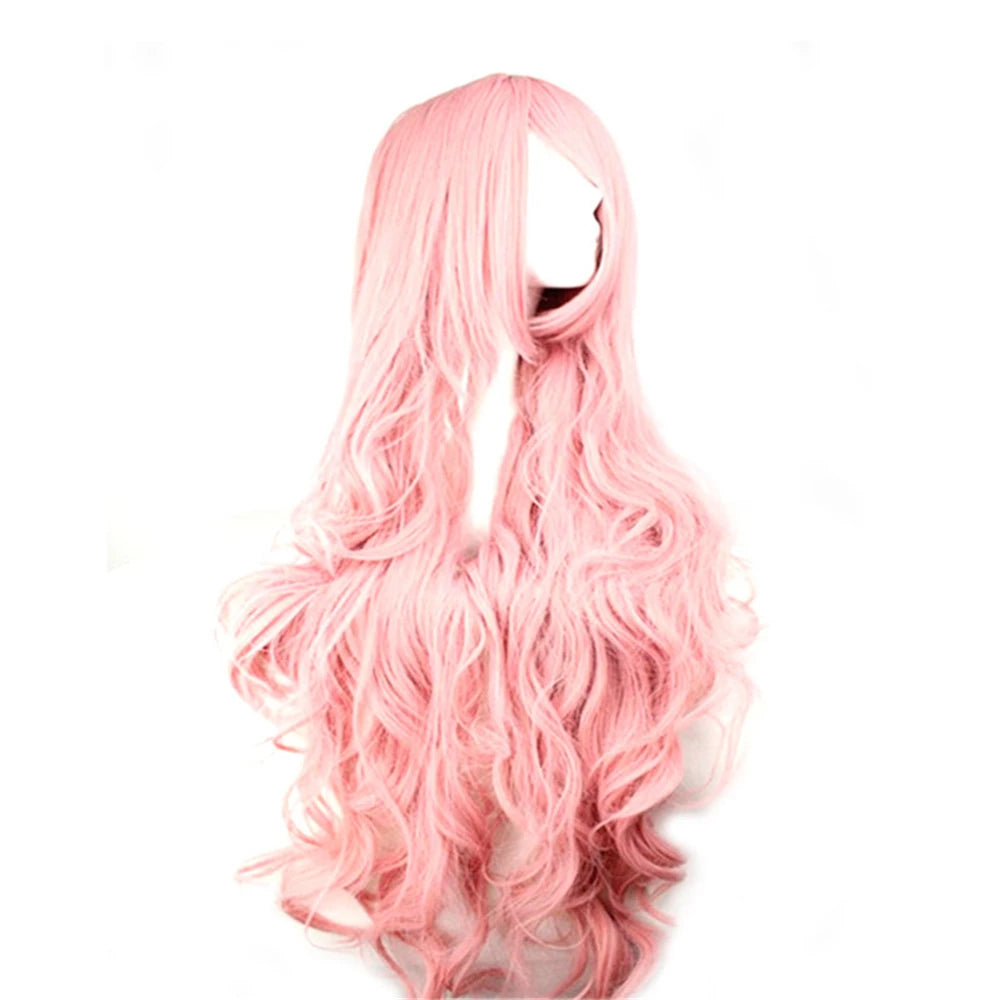 Synthetic Hair Wigs Cheap 100CM Long Pink Wig With Bangs Wavy Cosplay Wigs For Women Party Halloween Female Yellow Purple Black