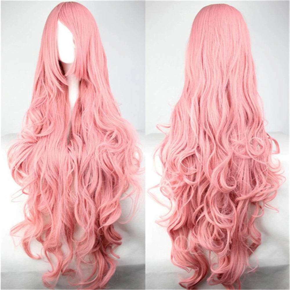 Synthetic Hair Wigs Cheap 100CM Long Pink Wig With Bangs Wavy Cosplay Wigs For Women Party Halloween Female Yellow Purple Black
