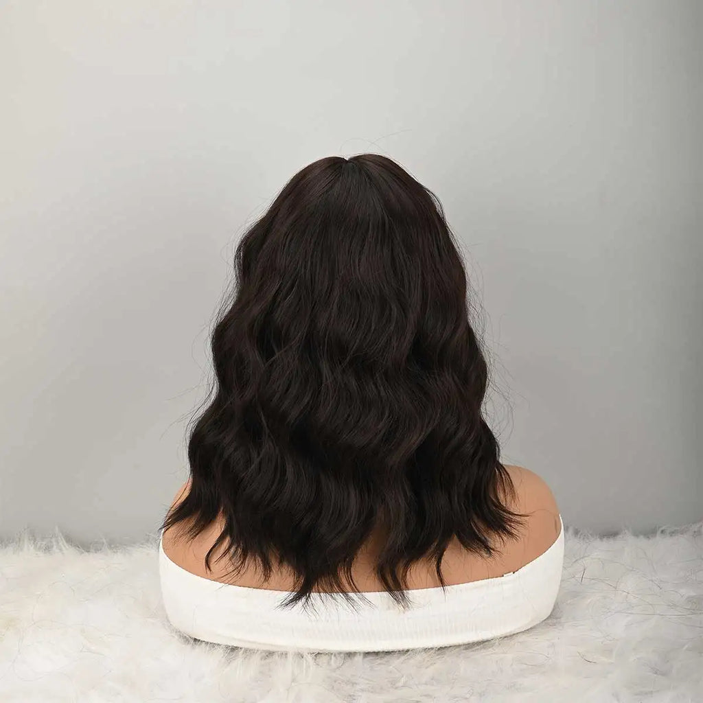 HAIR Natural Brown Synthetic Curly Wavy Bob Wig with Bangs for Women