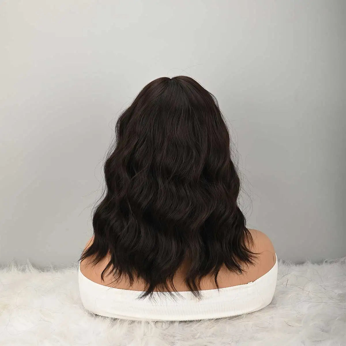 HAIR Natural Brown Synthetic Curly Wavy Bob Wig with Bangs for Women