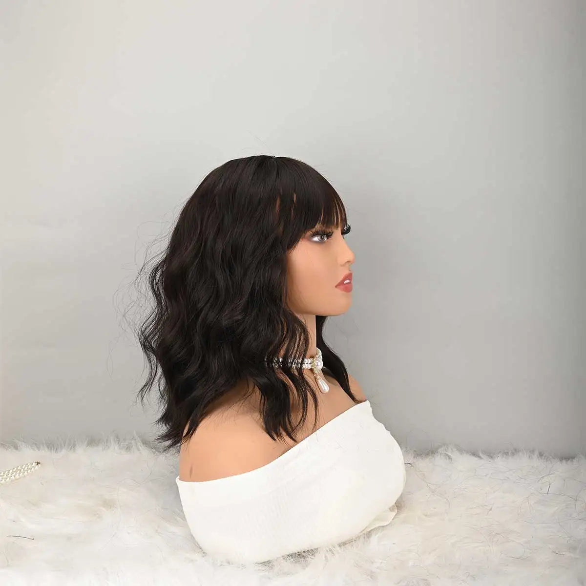 HAIR Natural Brown Synthetic Curly Wavy Bob Wig with Bangs for Women