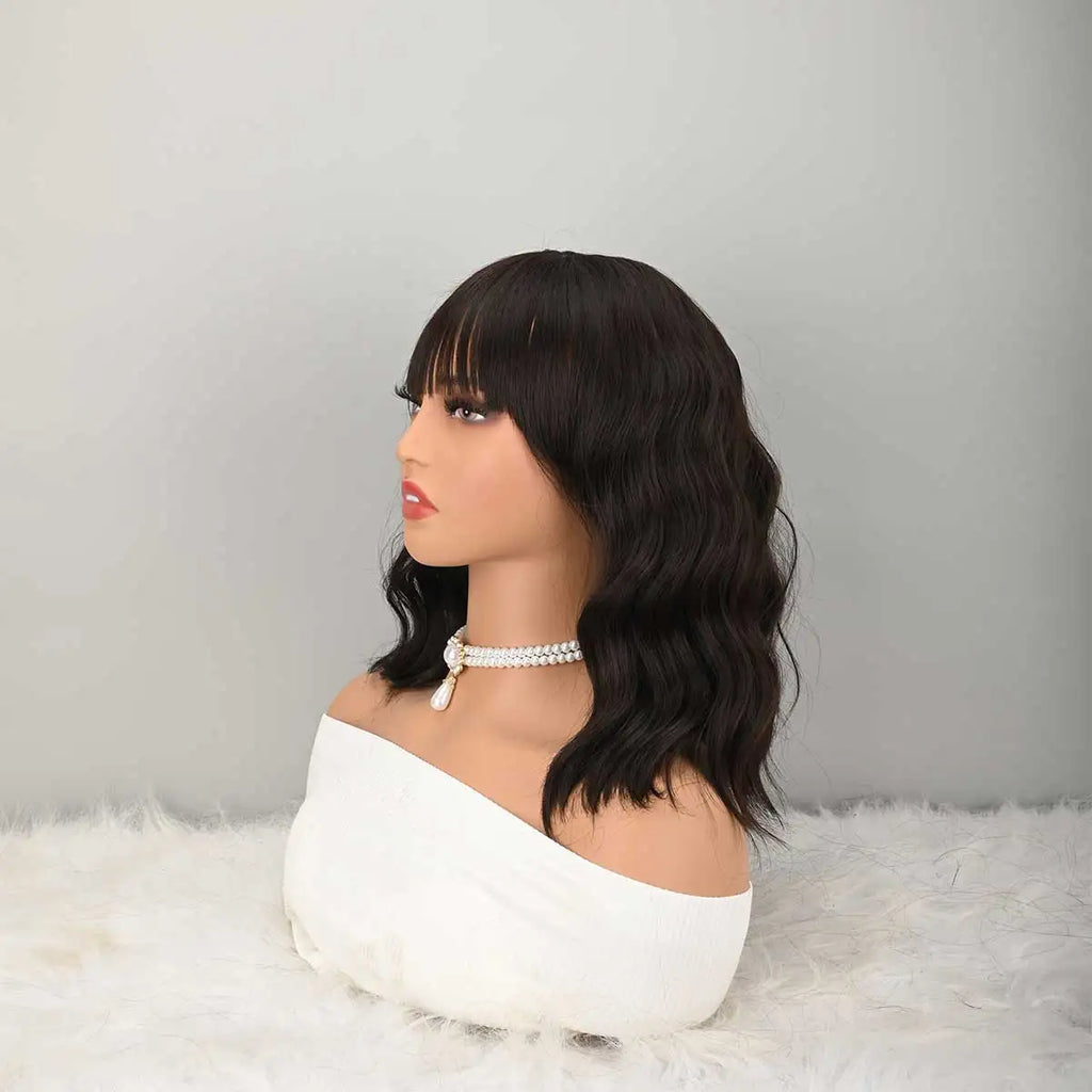HAIR Natural Brown Synthetic Curly Wavy Bob Wig with Bangs for Women