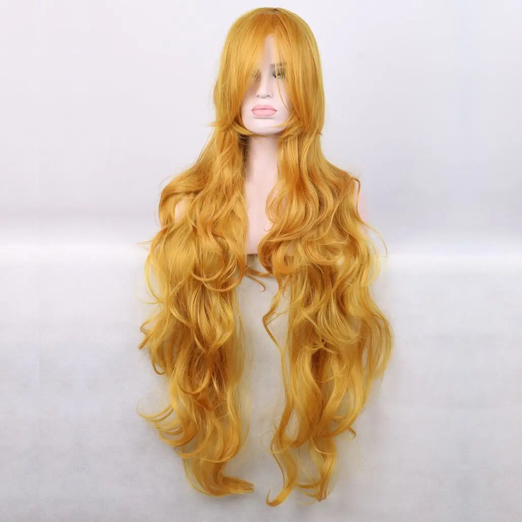 Synthetic Hair Wigs Cheap 100CM Long Pink Wig With Bangs Wavy Cosplay Wigs For Women Party Halloween Female Yellow Purple Black