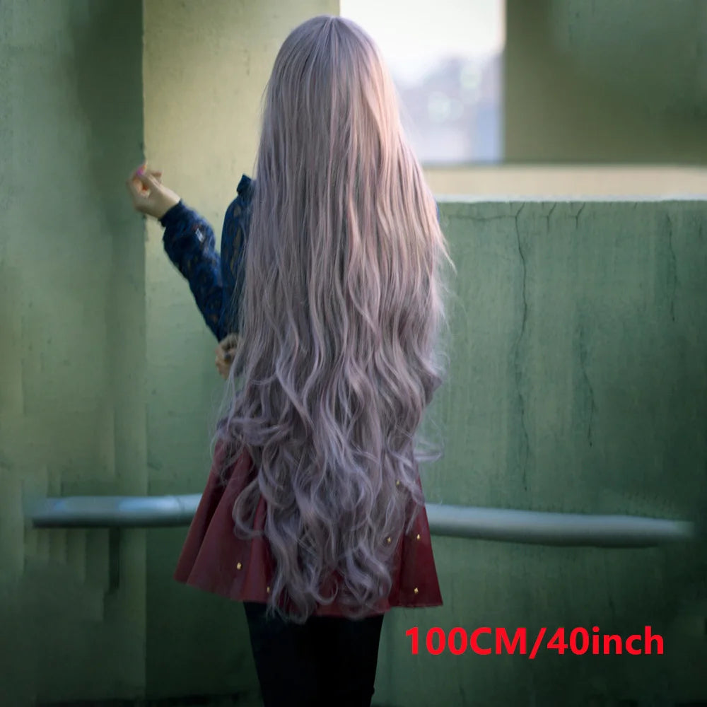 Synthetic Hair Wigs Cheap 100CM Long Pink Wig With Bangs Wavy Cosplay Wigs For Women Party Halloween Female Yellow Purple Black