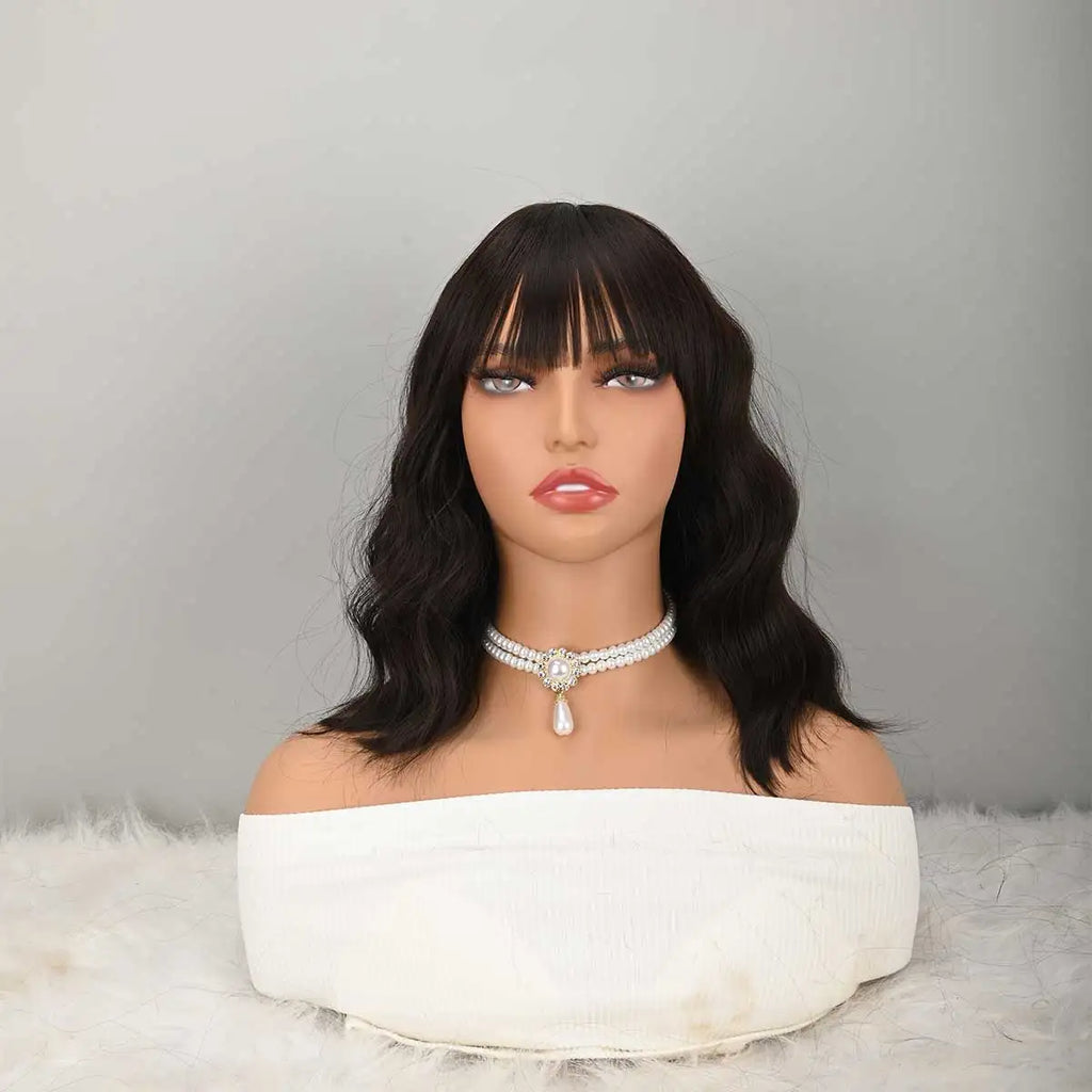 HAIR Natural Brown Synthetic Curly Wavy Bob Wig with Bangs for Women