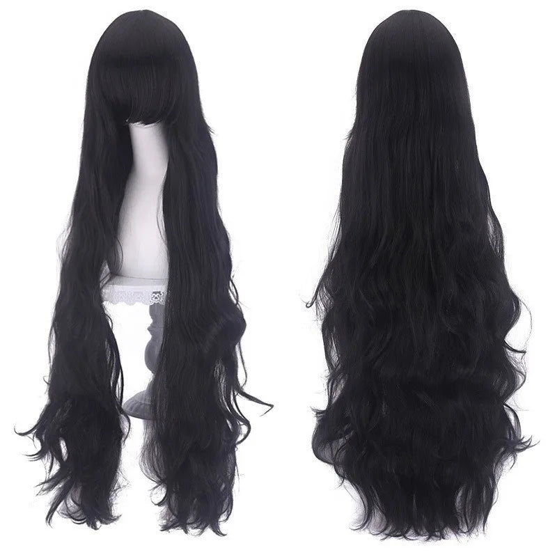 Synthetic Hair Wigs Cheap 100CM Long Pink Wig With Bangs Wavy Cosplay Wigs For Women Party Halloween Female Yellow Purple Black