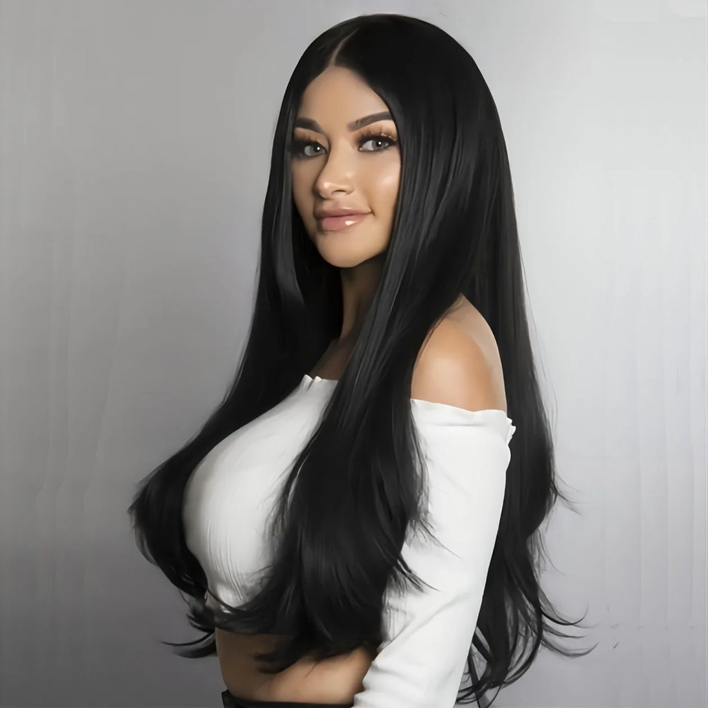Women's Wig Black Long Straight Wigs for Women/Girls/Afro Natural Synthetic Hair Middle Part Non-Lace Wig Party/Costume Dark Bro
