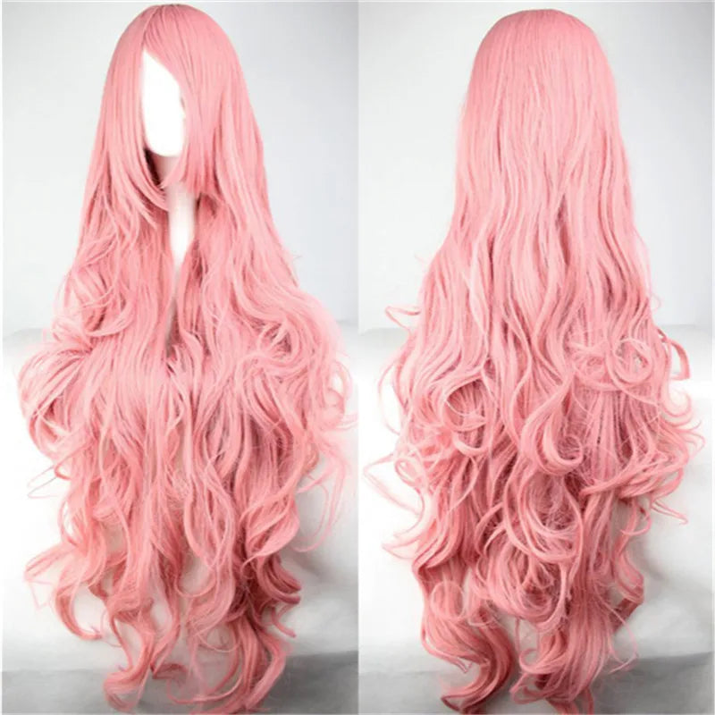 Synthetic Hair Wigs Cheap 100CM Long Pink Wig With Bangs Wavy Cosplay Wigs For Women Party Halloween Female Yellow Purple Black